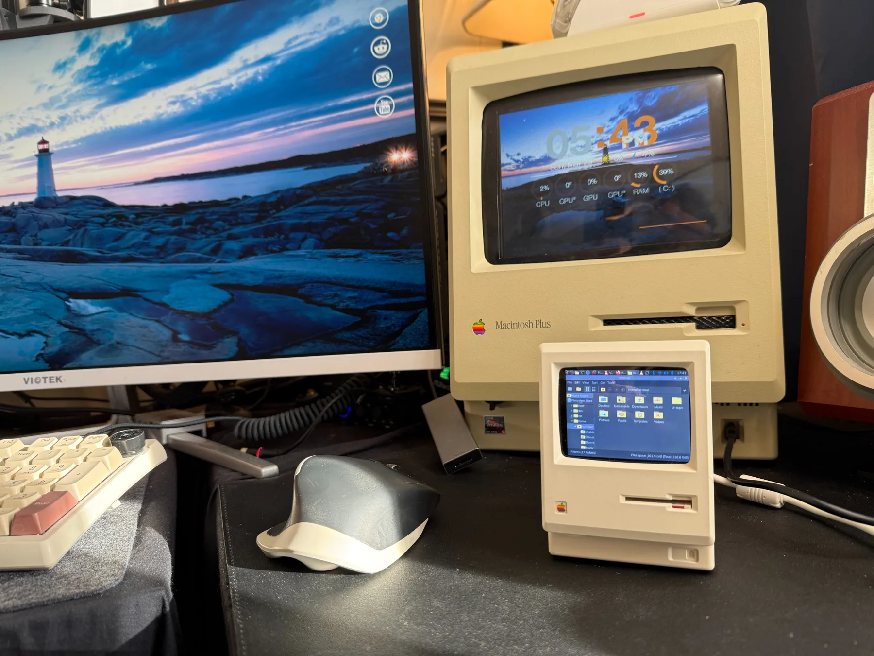 A Mac Plus-shaped desk clock converted into a fully functional Raspberry Pi 5 computer