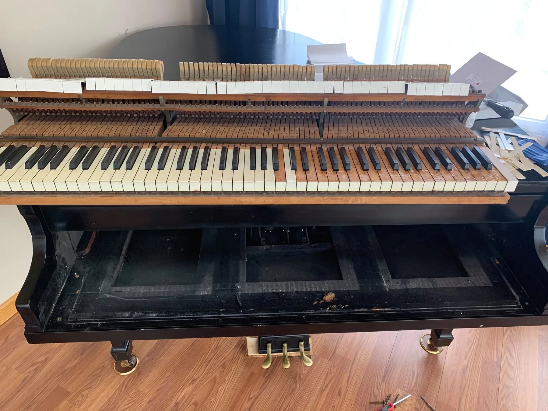 Grand piano during restoration with the action and keys exposed